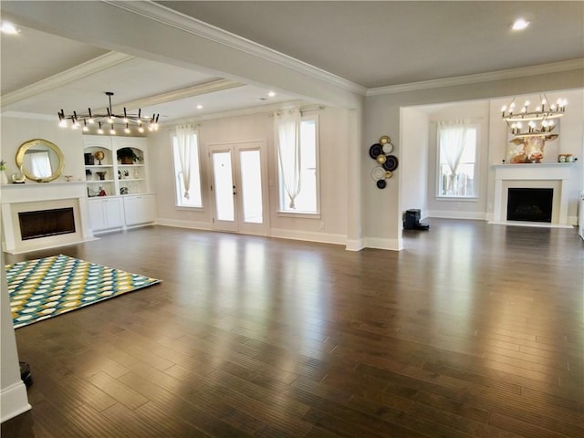 unfurnished living room with a fireplace with flush hearth and dark wood-style floors