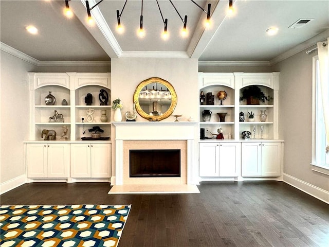 living area featuring visible vents, crown molding, and dark wood-style floors