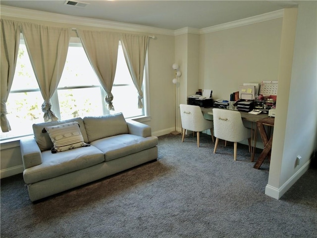 carpeted home office with ornamental molding, baseboards, and visible vents