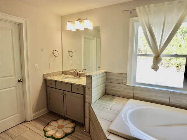 bathroom with a tub, wood finished floors, and vanity