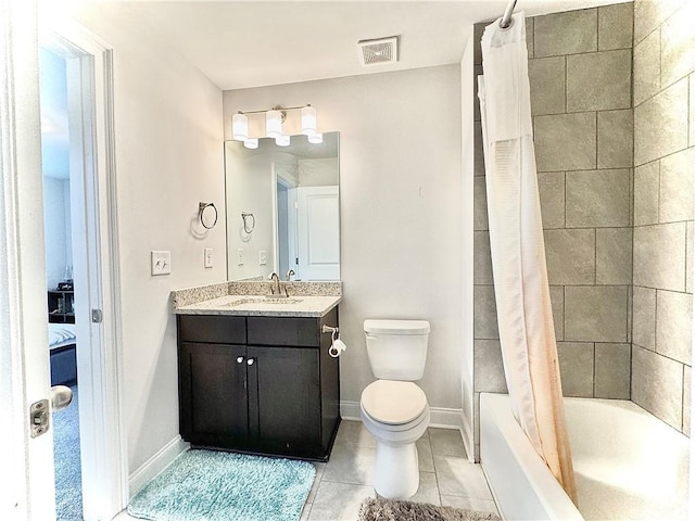 bathroom featuring visible vents, toilet, shower / bathtub combination with curtain, vanity, and tile patterned floors