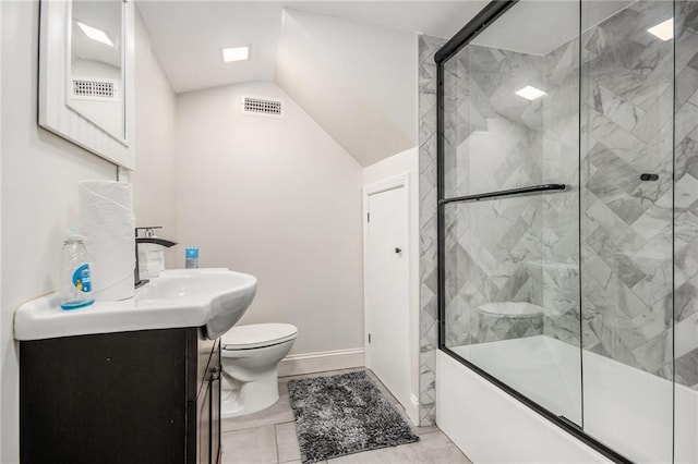 bathroom with vanity, baseboards, visible vents, lofted ceiling, and toilet