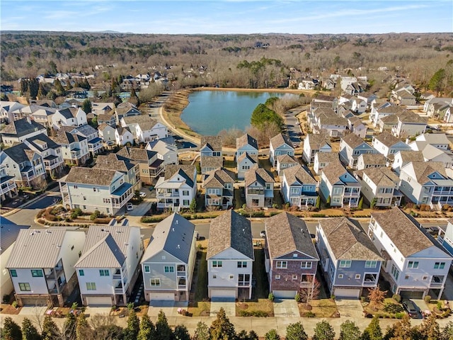 drone / aerial view featuring a water view