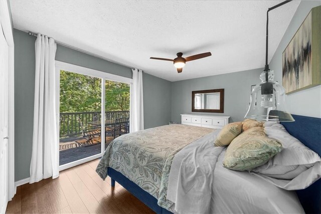 9430 Chestatee Ct, Gainesville, GA 30506 - bedroom with access to outside, wood finished floors, a textured ceiling, and ceiling fan
