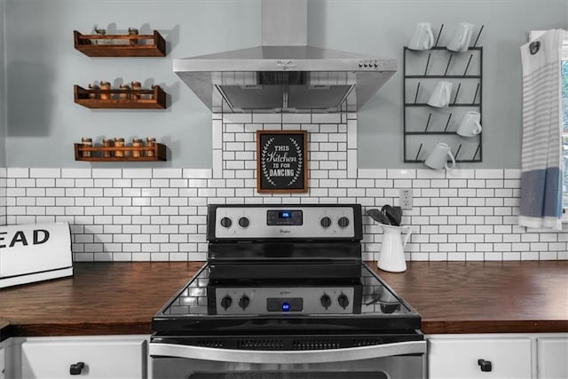 9430 Chestatee Ct, Gainesville, GA 30506 - kitchen featuring stainless steel electric stove, ventilation hood, butcher block countertops, backsplash, and open shelves