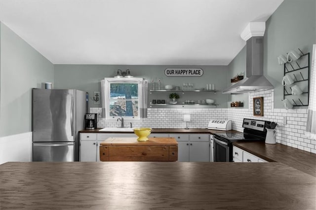 9430 Chestatee Ct, Gainesville, GA 30506 - kitchen featuring appliances with stainless steel finishes, wall chimney exhaust hood, backsplash, and open shelves