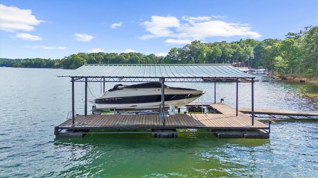 9430 Chestatee Ct, Gainesville, GA 30506 - dock with boat lift, a water view, and a view of trees