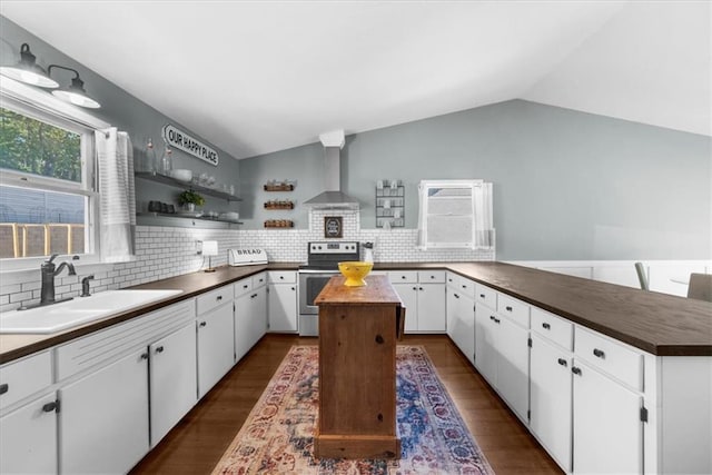 9430 Chestatee Ct, Gainesville, GA 30506 - kitchen featuring stainless steel electric range, white cabinetry, vaulted ceiling, a peninsula, and wall chimney exhaust hood