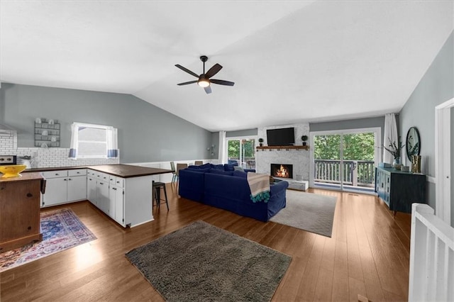 9430 Chestatee Ct, Gainesville, GA 30506 - living area with a fireplace, ceiling fan, wood finished floors, and lofted ceiling