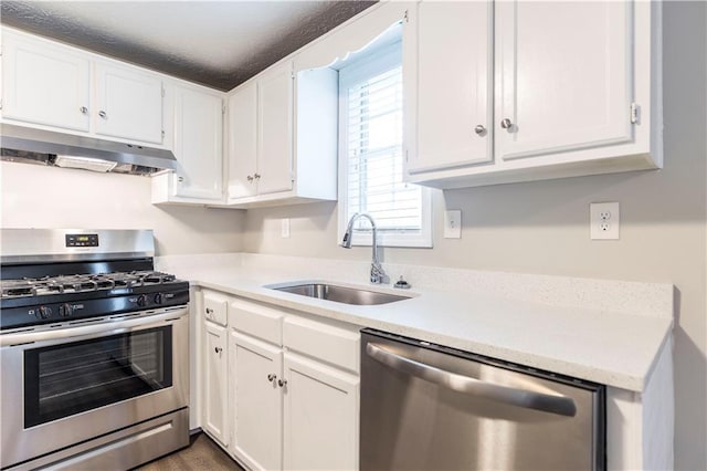 kitchen with a sink, stainless steel appliances, under cabinet range hood, and light countertops