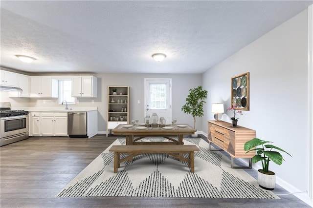 dining space featuring a wealth of natural light, baseboards, a textured ceiling, and dark wood-style flooring