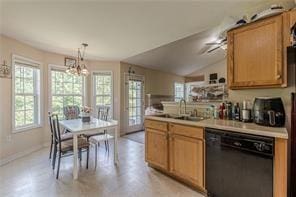 kitchen with sink, decorative light fixtures, vaulted ceiling, dishwasher, and a notable chandelier