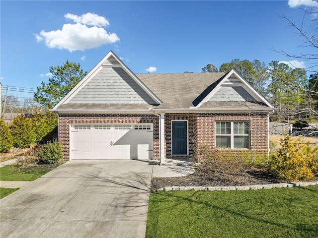 view of front facade with a garage, concrete driveway, and brick siding