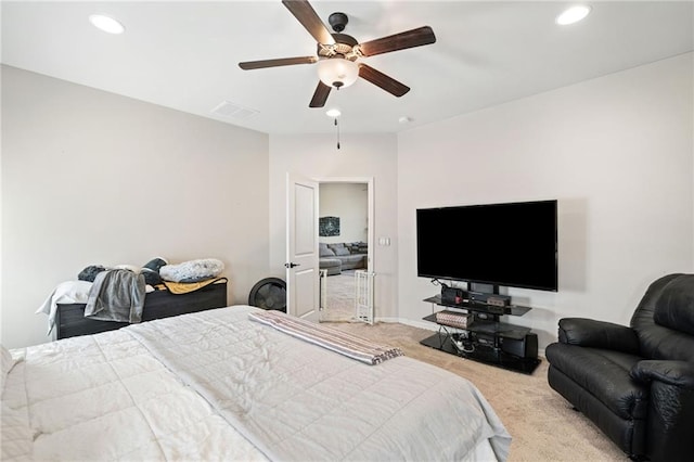 bedroom featuring recessed lighting, visible vents, carpet flooring, ceiling fan, and baseboards