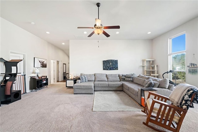 living area with carpet floors, recessed lighting, and a ceiling fan