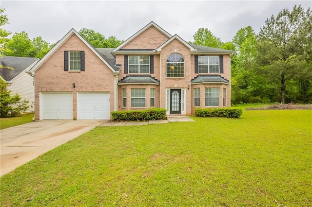 view of front of house with a front yard, driveway, an attached garage, and brick siding