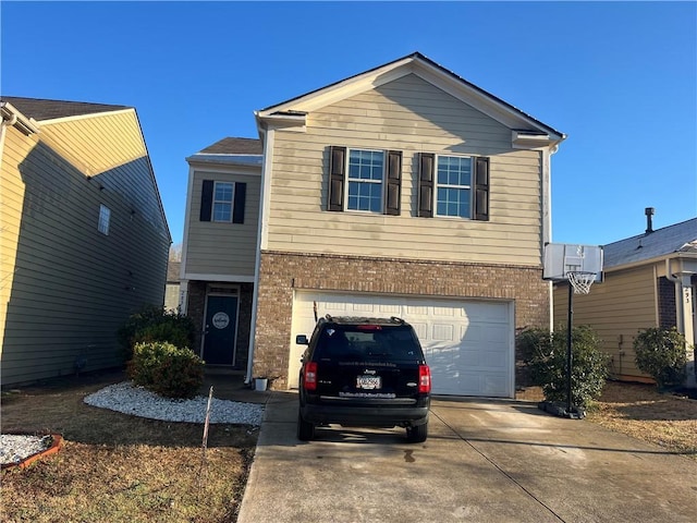 traditional home featuring brick siding, concrete driveway, and an attached garage