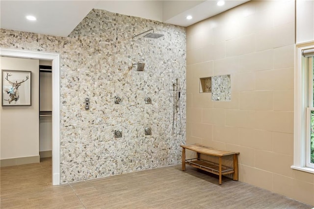 44 Muscogee Ave NW, Atlanta, GA 30305 - full bathroom featuring walk in shower, wood finished floors, and recessed lighting