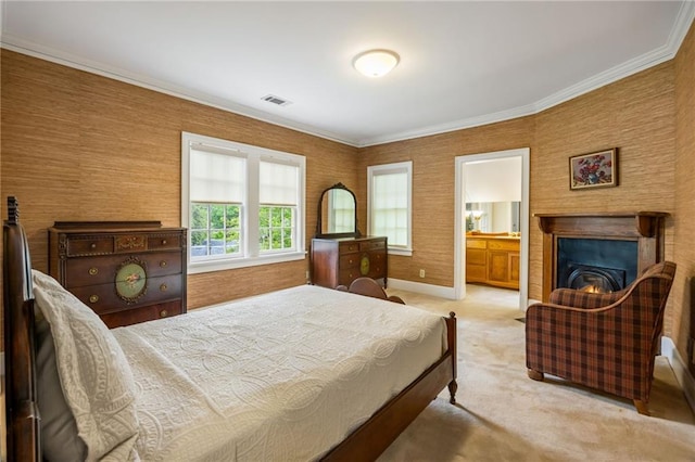 44 Muscogee Ave NW, Atlanta, GA 30305 - bedroom featuring carpet, crown molding, a lit fireplace, baseboards, and connected bathroom
