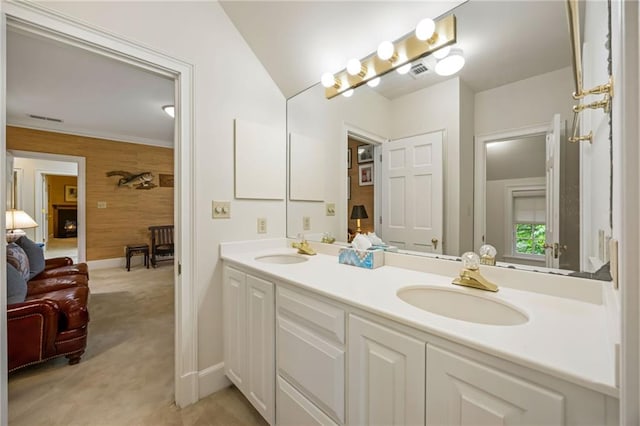 44 Muscogee Ave NW, Atlanta, GA 30305 - bathroom featuring double vanity, ensuite bath, baseboards, and wooden walls