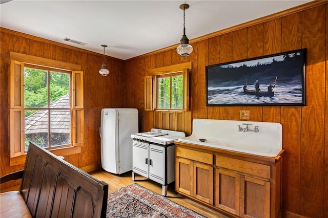 44 Muscogee Ave NW, Atlanta, GA 30305 - kitchen with wooden walls, light wood-type flooring, hanging light fixtures, brown cabinets, and a sink