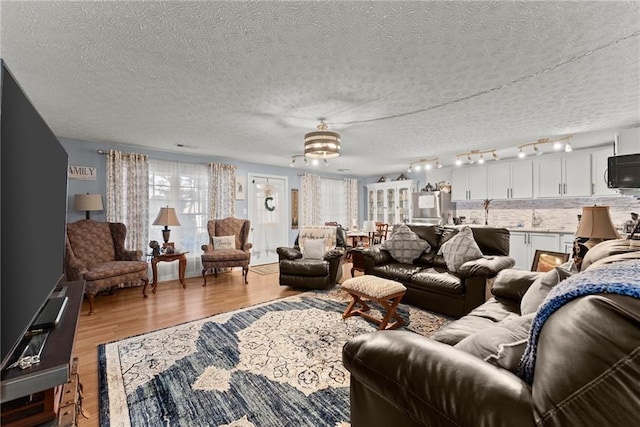 living area featuring a textured ceiling and wood finished floors