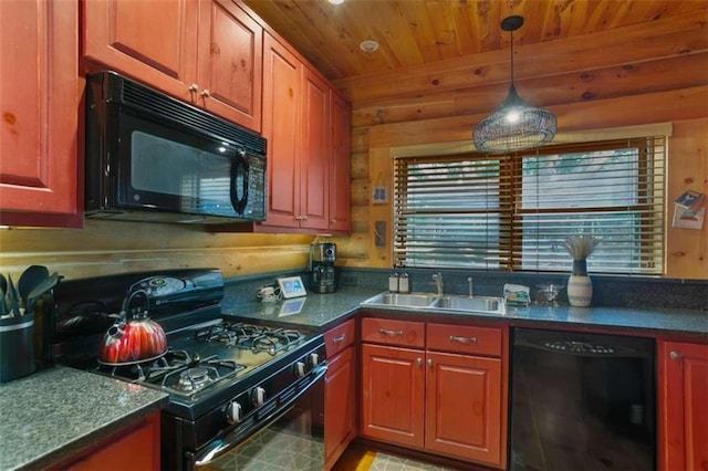 kitchen featuring sink, wood ceiling, and black appliances