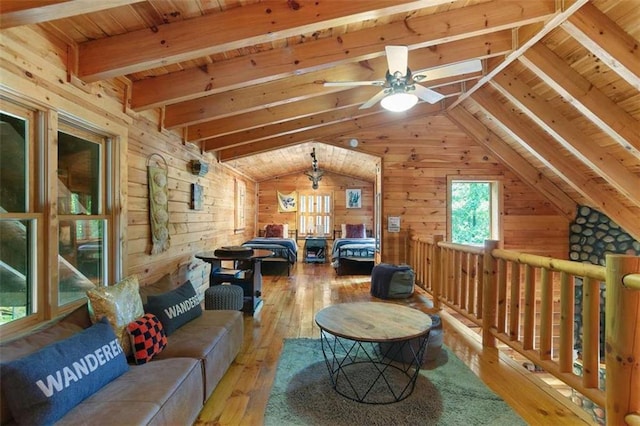 game room featuring vaulted ceiling with beams, wood ceiling, wood-type flooring, and wooden walls