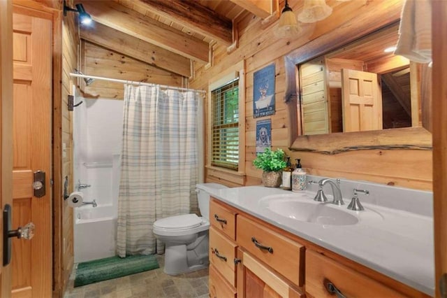 full bathroom with wooden walls, vaulted ceiling with beams, shower / bath combination with curtain, vanity, and wooden ceiling