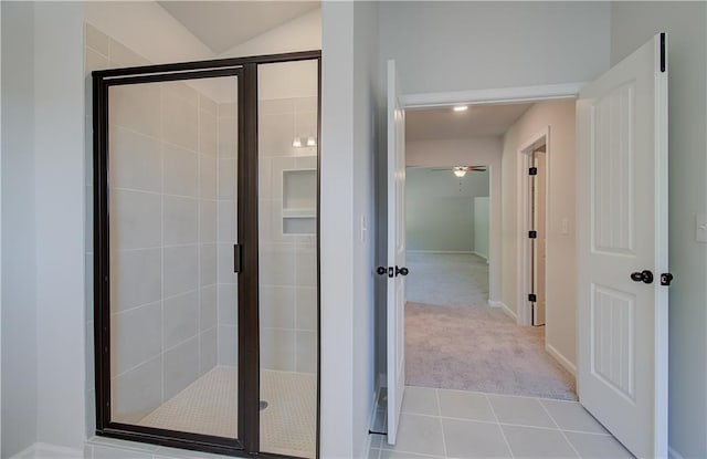 bathroom featuring tile patterned flooring and a shower stall