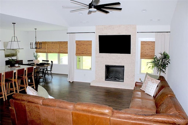 688 Harmony Rd, Temple, GA 30179 - living area featuring wood finished floors, a ceiling fan, a large fireplace, and recessed lighting
