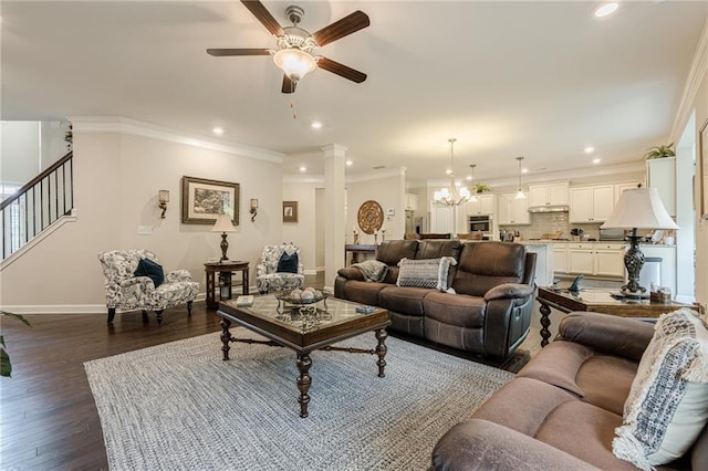 5515 Cheatam Ave, Cumming, GA 30040 - living room with a ceiling fan, recessed lighting, stairs, dark wood-style floors, and crown molding