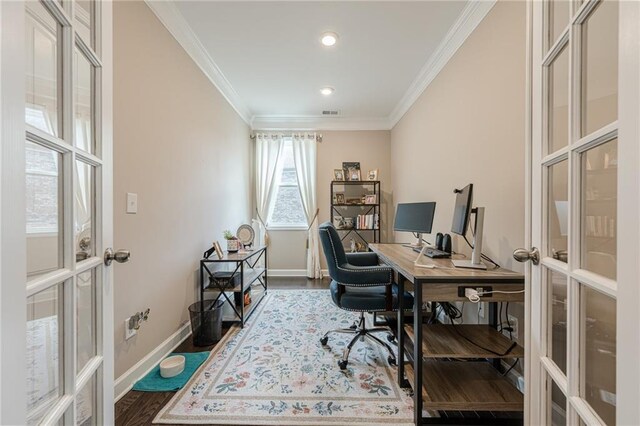 5515 Cheatam Ave, Cumming, GA 30040 - office with french doors, crown molding, dark wood-style floors, and recessed lighting
