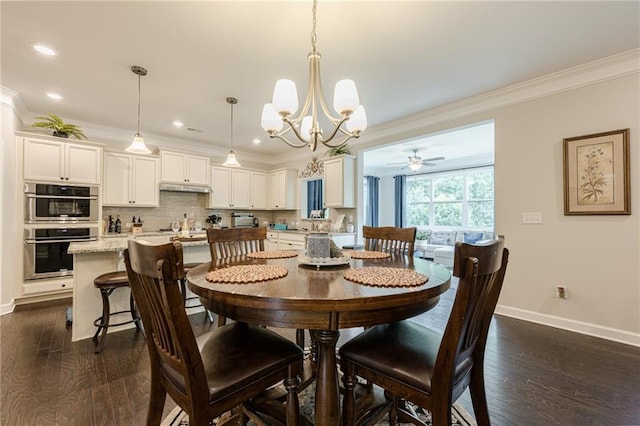 5515 Cheatam Ave, Cumming, GA 30040 - dining area featuring crown molding, dark wood-style flooring, a chandelier, ceiling fan, and recessed lighting