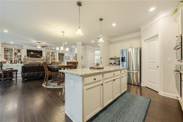 5515 Cheatam Ave, Cumming, GA 30040 - kitchen with stainless steel fridge with ice dispenser, a ceiling fan, dark wood-style floors, open floor plan, and recessed lighting