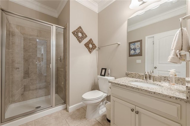 5515 Cheatam Ave, Cumming, GA 30040 - bathroom with vanity, a shower stall, tile patterned flooring, and crown molding
