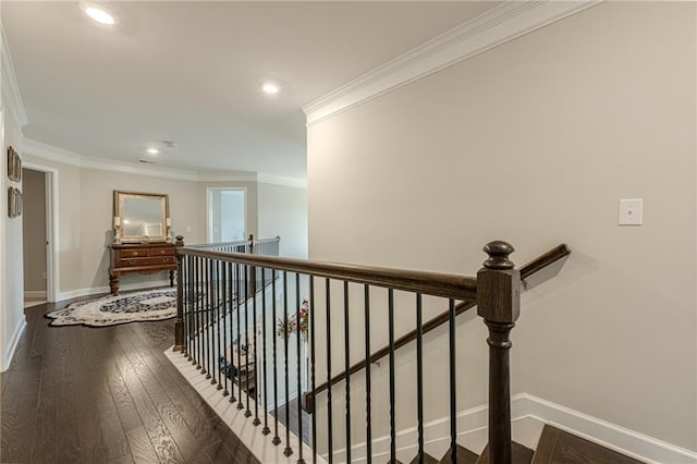 5515 Cheatam Ave, Cumming, GA 30040 - hallway featuring an upstairs landing, ornamental molding, recessed lighting, and hardwood / wood-style flooring