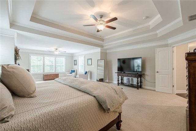 5515 Cheatam Ave, Cumming, GA 30040 - bedroom featuring a raised ceiling, ornamental molding, carpet flooring, and ceiling fan
