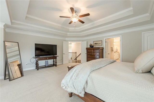 5515 Cheatam Ave, Cumming, GA 30040 - bedroom with a raised ceiling, light colored carpet, ornamental molding, ceiling fan, and ensuite bath