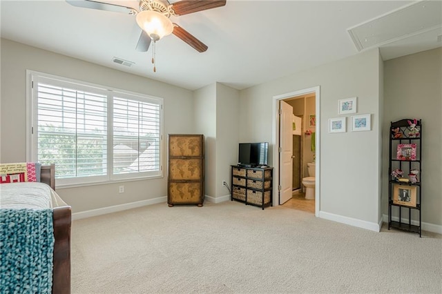 5515 Cheatam Ave, Cumming, GA 30040 - carpeted bedroom with attic access, ensuite bathroom, and ceiling fan
