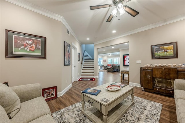 5515 Cheatam Ave, Cumming, GA 30040 - living area featuring ceiling fan, ornamental molding, stairway, wood finished floors, and recessed lighting