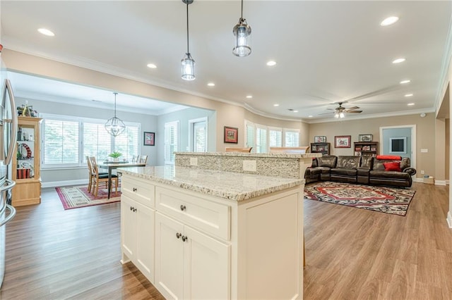 5515 Cheatam Ave, Cumming, GA 30040 - kitchen featuring light wood-style floors, plenty of natural light, a ceiling fan, recessed lighting, and ornamental molding