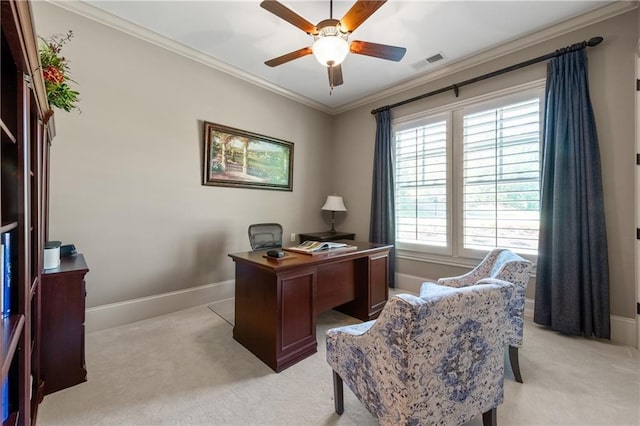 341 Carl Sanders Dr, Acworth, GA 30101 - office with light carpet, ornamental molding, and ceiling fan