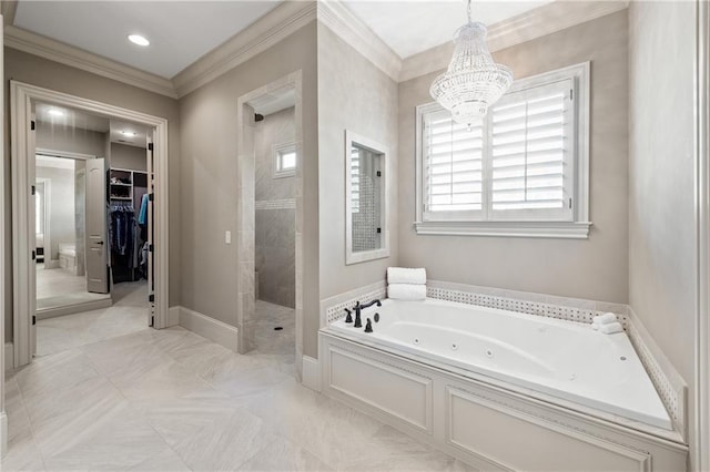 341 Carl Sanders Dr, Acworth, GA 30101 - bathroom with tiled shower, a whirlpool tub, plenty of natural light, a chandelier, and ornamental molding