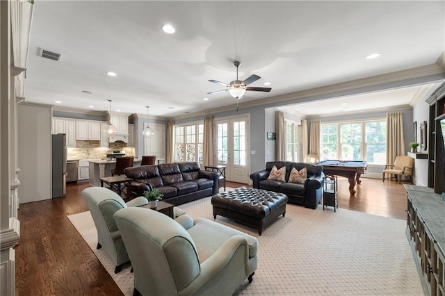 341 Carl Sanders Dr, Acworth, GA 30101 - living area with pool table, crown molding, healthy amount of natural light, recessed lighting, and dark wood finished floors
