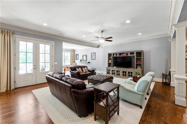 341 Carl Sanders Dr, Acworth, GA 30101 - living area with ceiling fan, ornate columns, wood finished floors, ornamental molding, and recessed lighting