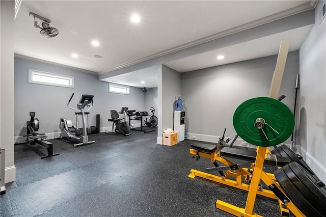 341 Carl Sanders Dr, Acworth, GA 30101 - exercise room featuring recessed lighting and crown molding