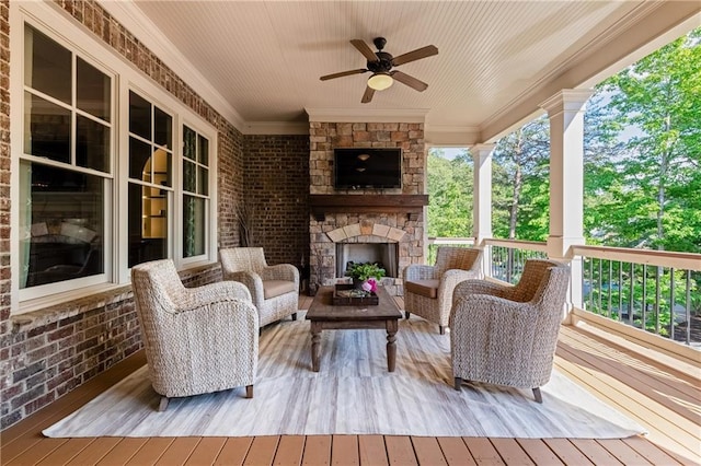 341 Carl Sanders Dr, Acworth, GA 30101 - wooden terrace featuring ceiling fan and an outdoor living space with a fireplace