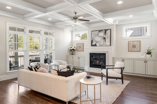 living room featuring coffered ceiling, dark hardwood / wood-style floors, and beamed ceiling