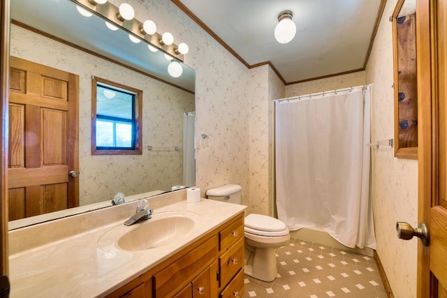 bathroom featuring vanity, ornamental molding, a shower with curtain, and toilet